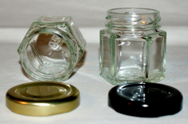 Hexagon jar 47 ml, incl. lid; pouring candles, wax candles, for delicacies.