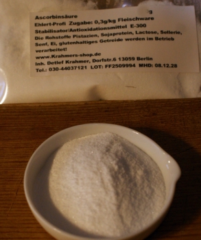 Ascorbinsäure 25 g, E-300, Antioxidationsmittel, pökeln, räuchern, wursten, Vitamin C,