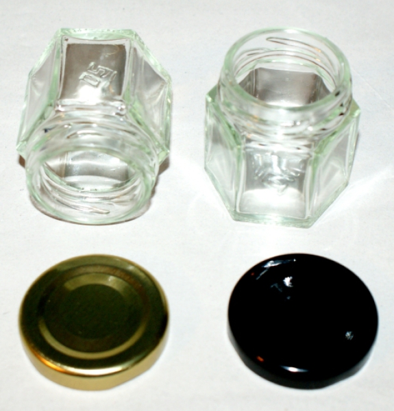 Sechseckglas 47 ml, inkl. Deckel; Kerzen gießen, Wachskerzen, für Delikatessen