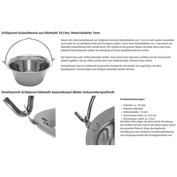 Gulaschkessel 10 Liter Edelstahl dickwandig 1 mm Materialstärke