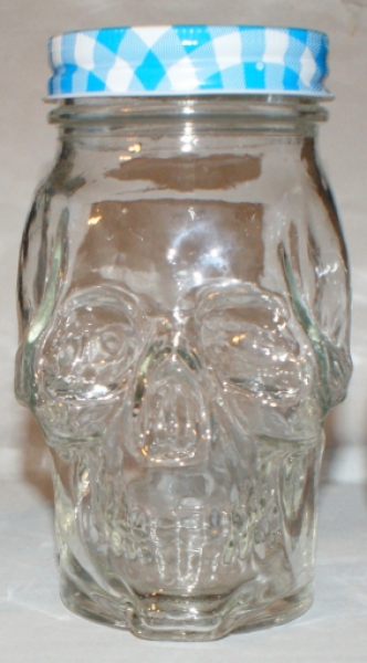 SV 70 blau-weiß kariert, Einweckverschluss, Einweckverschluß, Totenkopfglas